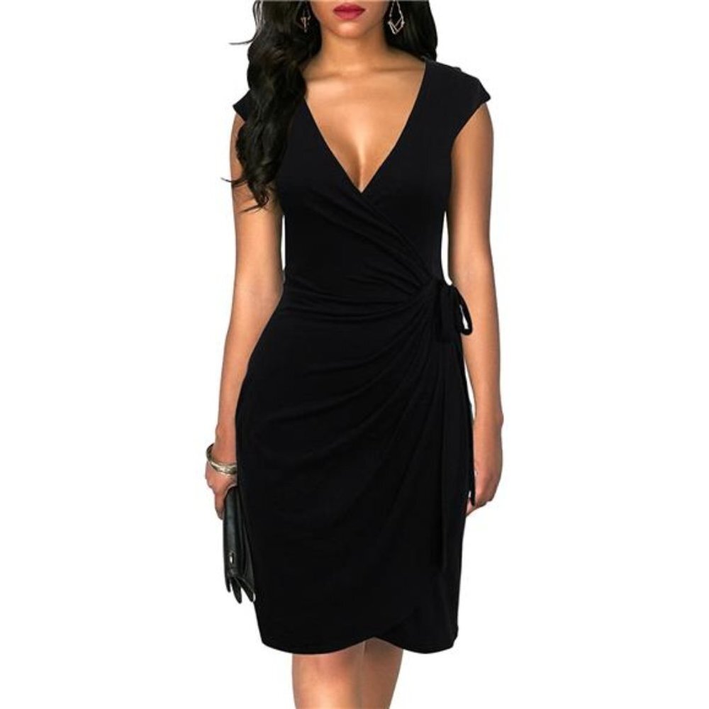 Women's Vintage V-Neck Sheath Casual Party Work Faux Black Wrap Dress